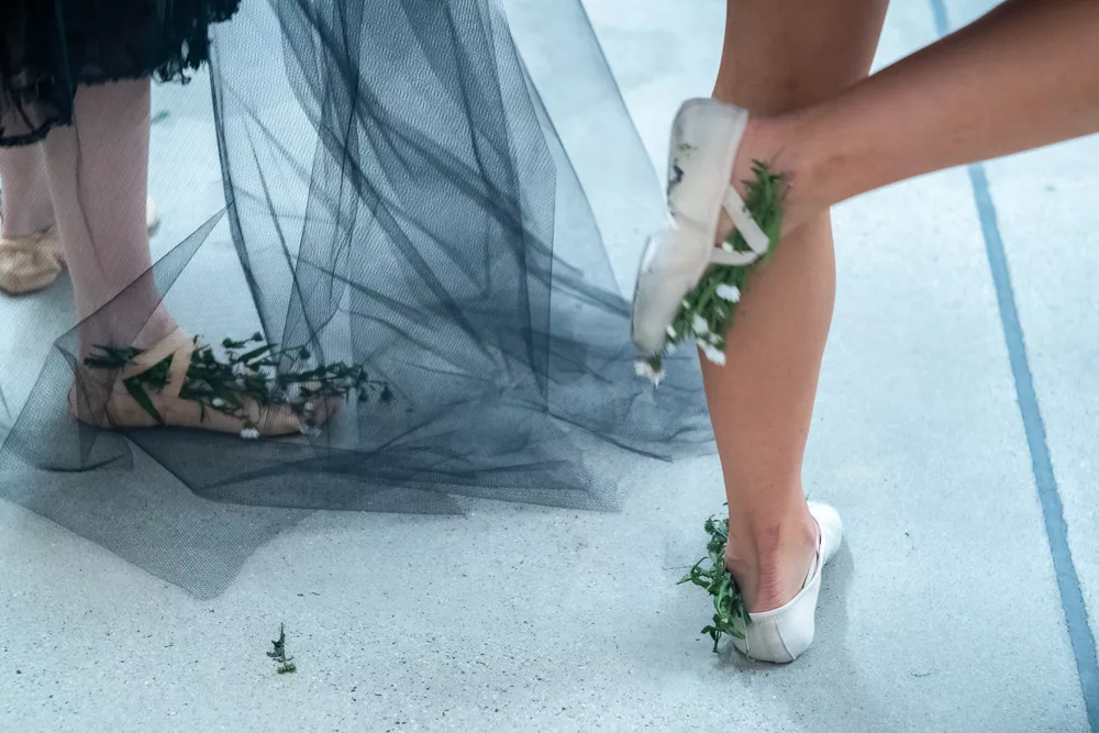 Tara Subkoff's IoC CU of ballet slippers with flowers