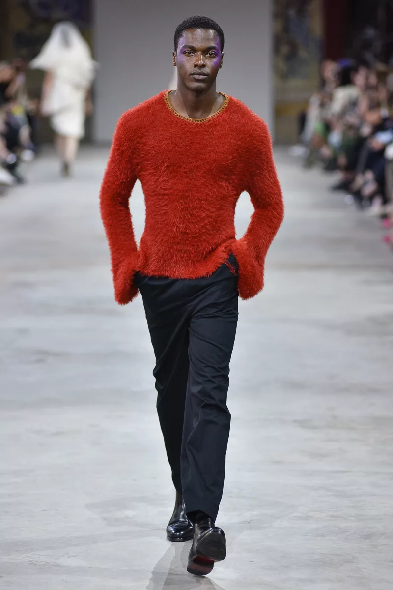 Red knit sweater Pratt Fashion Show BFA 2024 Jeff Guangzhuo Cai