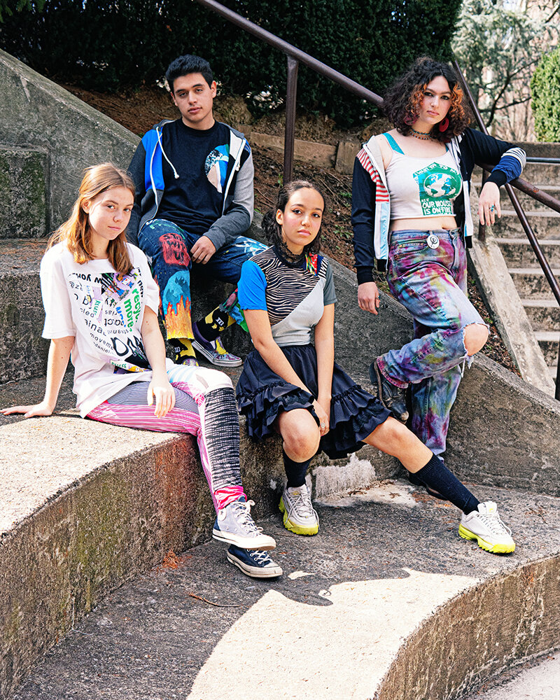 L-R Annabel, Alejandro, Sophia + Laila wearing Zero Waste Daniel and their own thrifted/upcycled clothes.