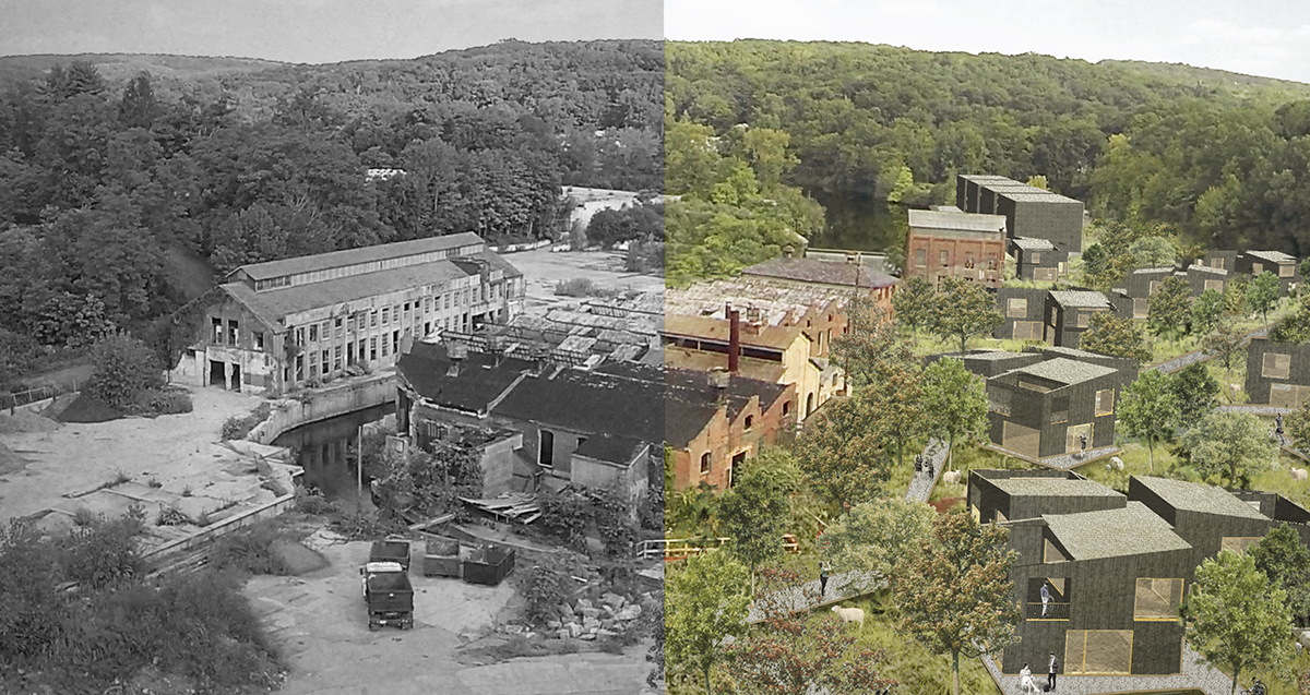 From decay to renewal -a visualization showing a before/after of the Connecticut brownfield. image courtesy TILL