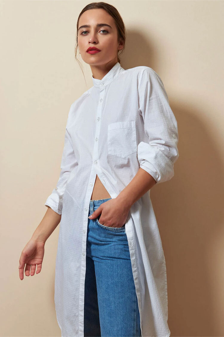 STUDIO 189 - White cotton kneelength Mandarin collar long sleeve shirt