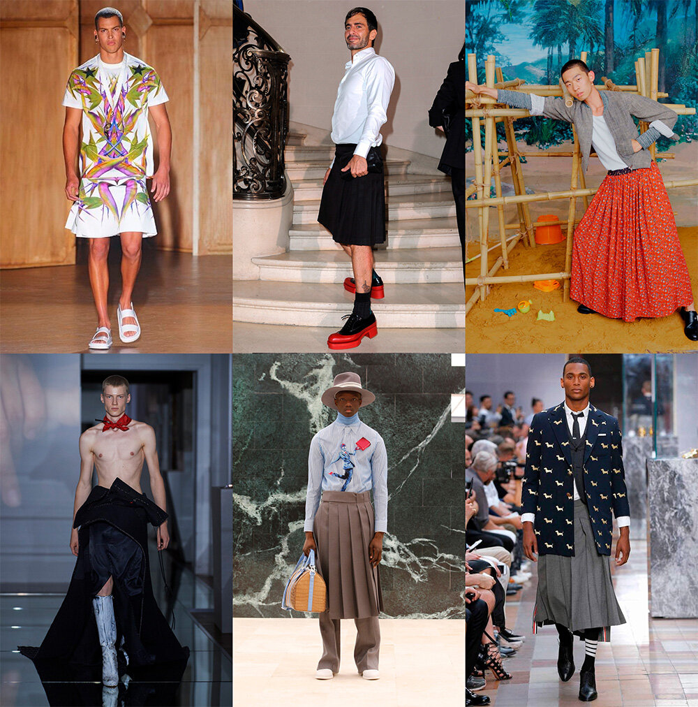 L-R Givenchy, Marc Jacobs in his own work, Vivienne Westwood L-R Maison Margiela, Louis Vuitton, Thom Browne