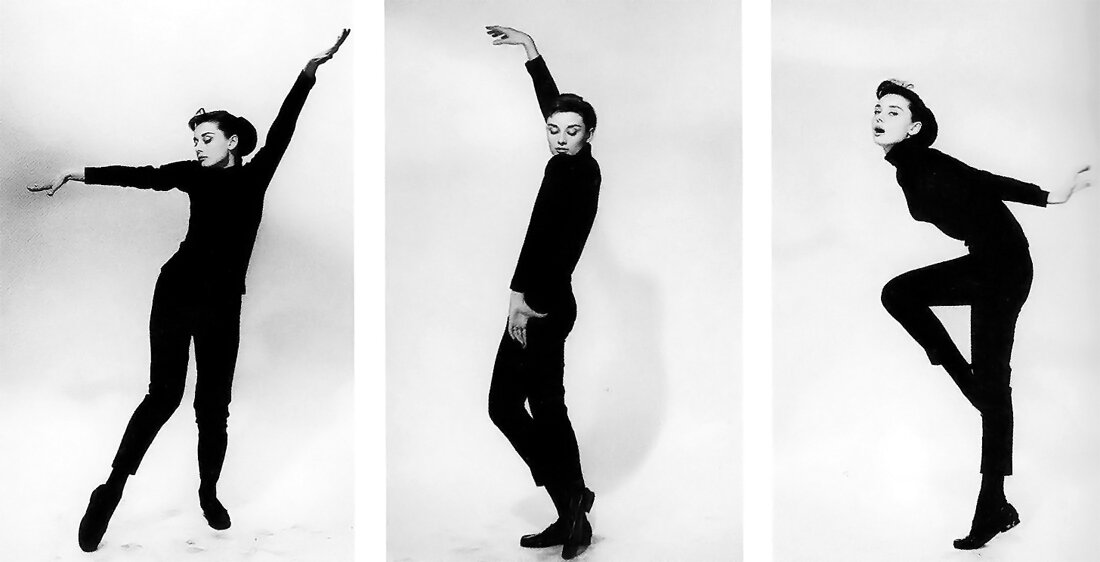 3 images of Audrey hepburn posing from funny face