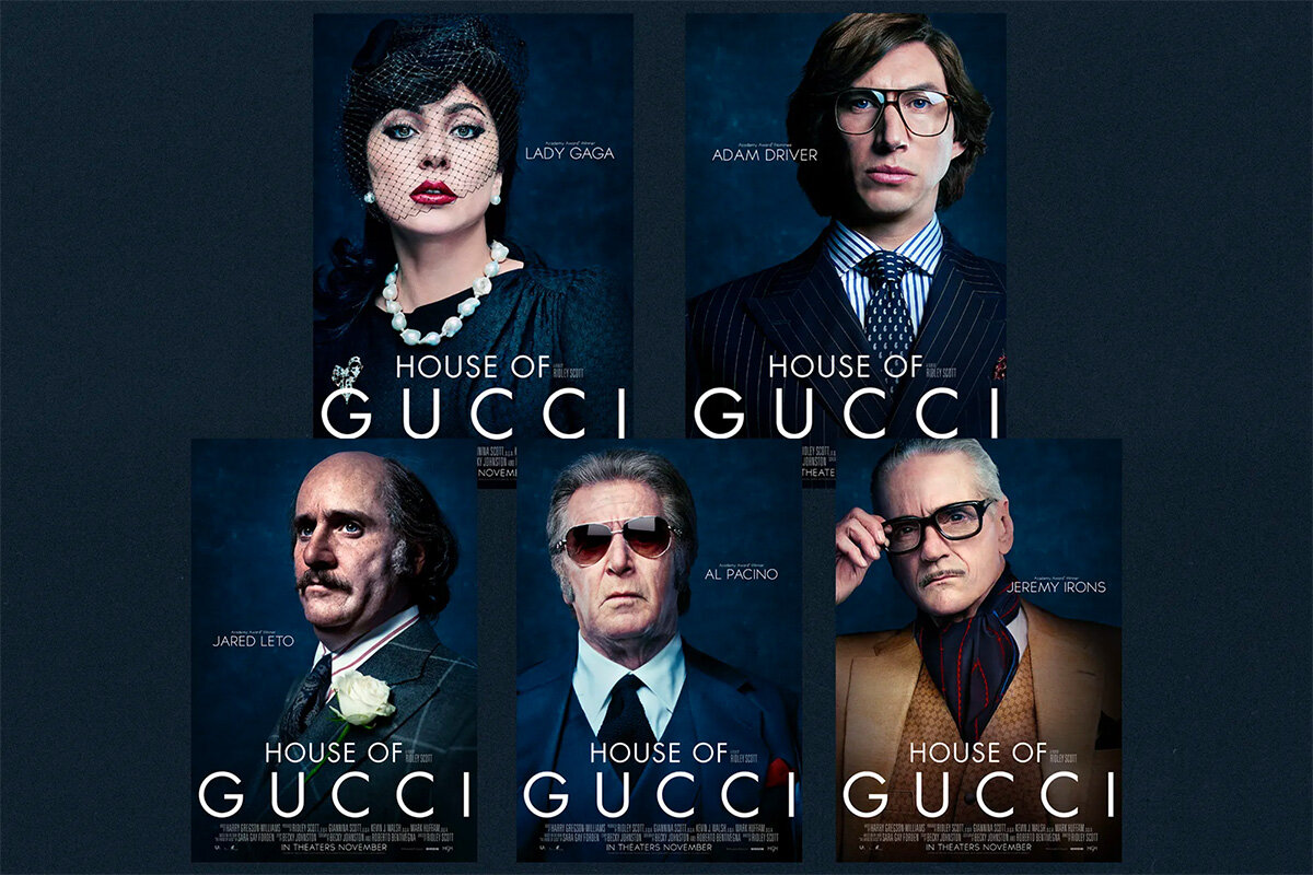 House of Gucci Film Posters Featuring Lady Gaga, Adam Driver, Jared Leto, Al Pacino, Jeremy Irons