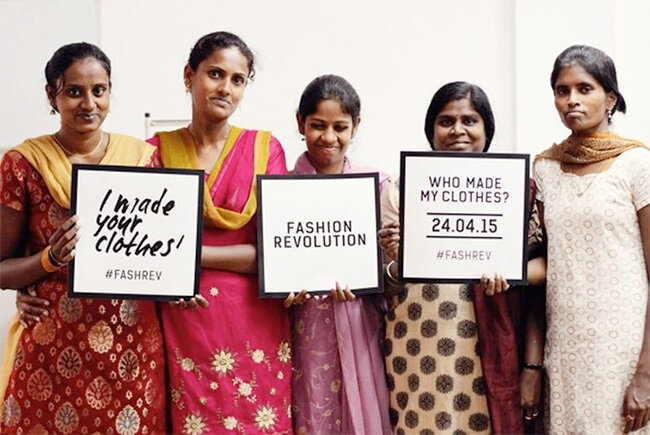 Workers participating in a Fashion Revolution #whomademyclothes campaign