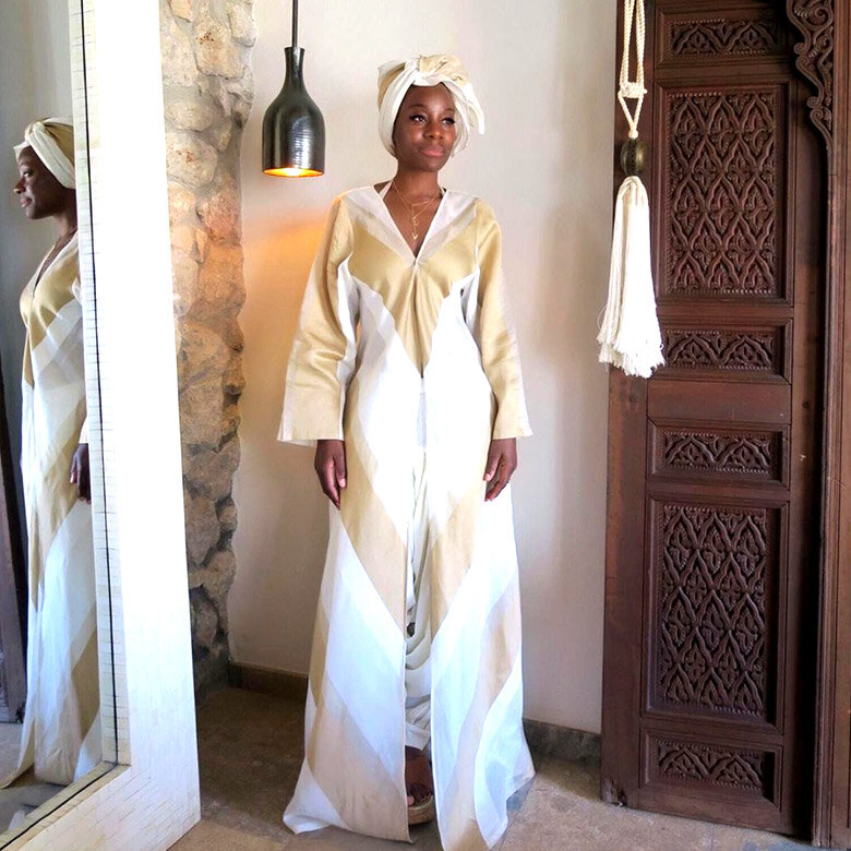 Samata in a caftan and matching turban