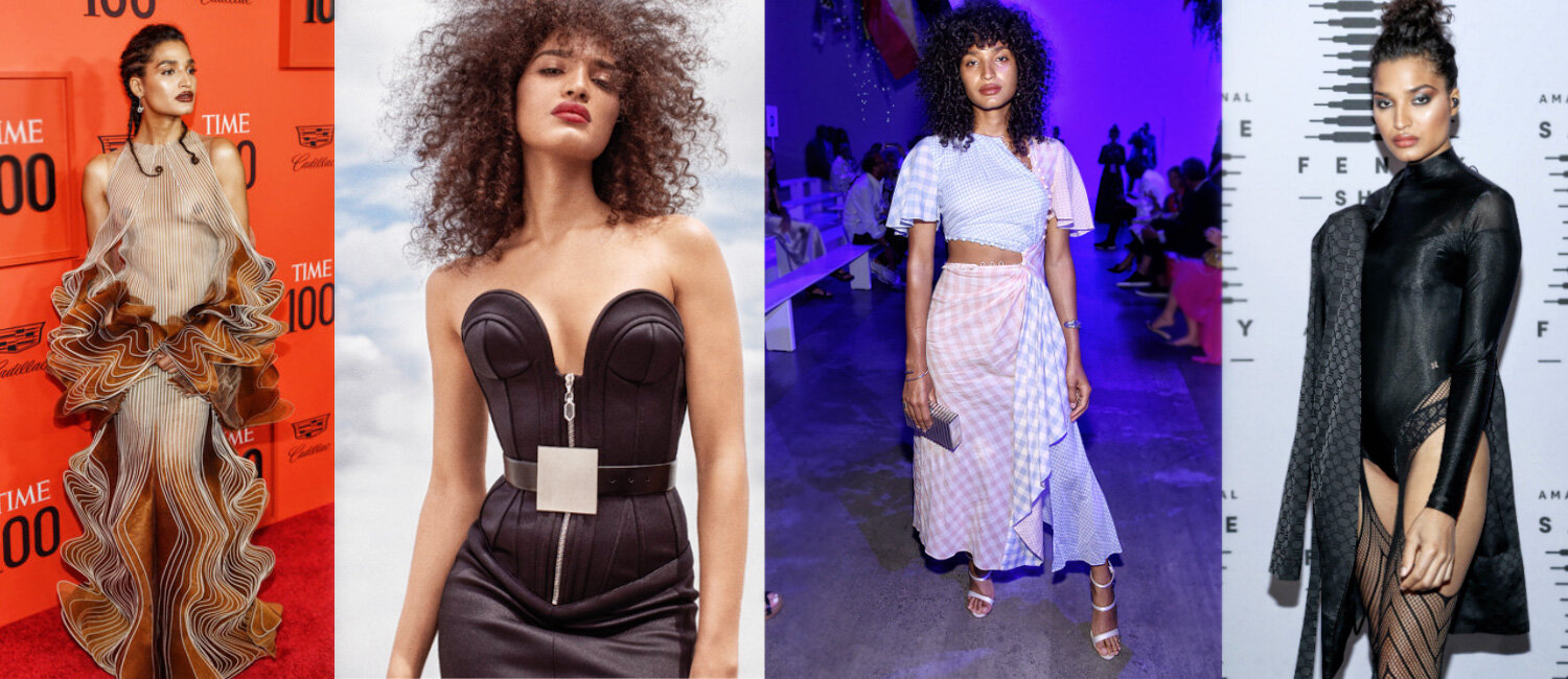 L-R Indya bold in a stunning blood orange ombre Iris Van Herpen gown, for Elle in a black snatched Louis Vuitton bustier top and belt combo, feminine and flirty in a midriff baring pastel gingham outfit at Prabal Gurung S/S 2020 and dark and intense…