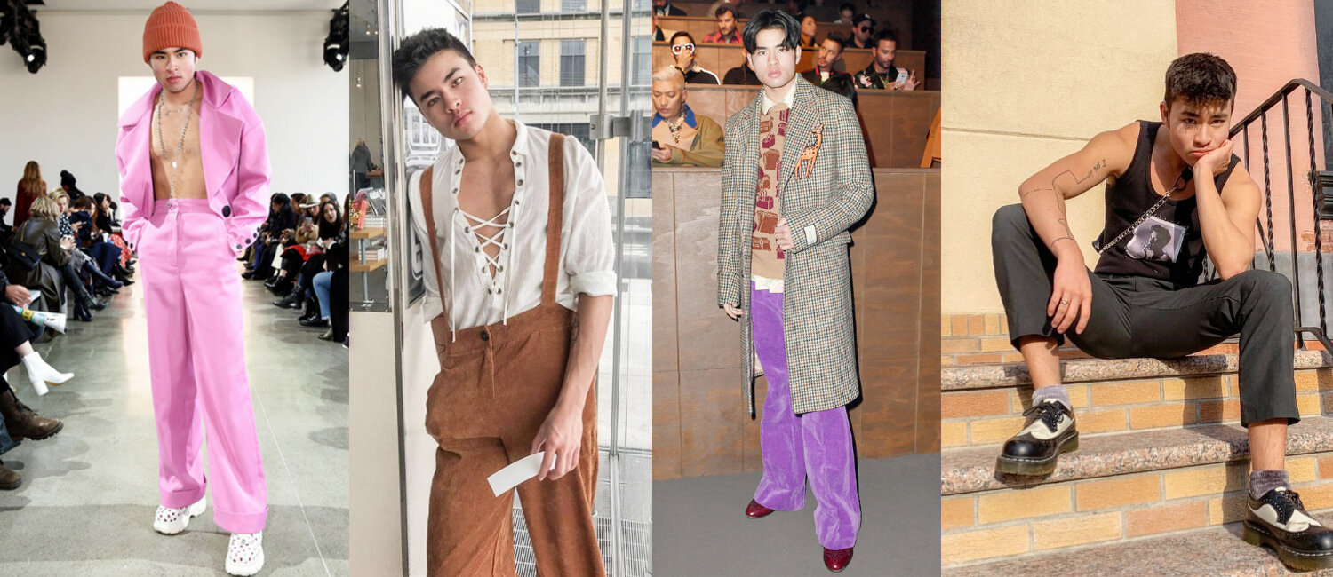 L-R Chella in bold bubblegum pink at Claudia Li NYFW, Chella's Jack from "Titanic" look in suspenders and white lace up shirt, at Gucci Milan Fashion Week Fall/Winter 2020 in a 1970s inspired look wearing a houndstooth long coat, brown patterned swe…