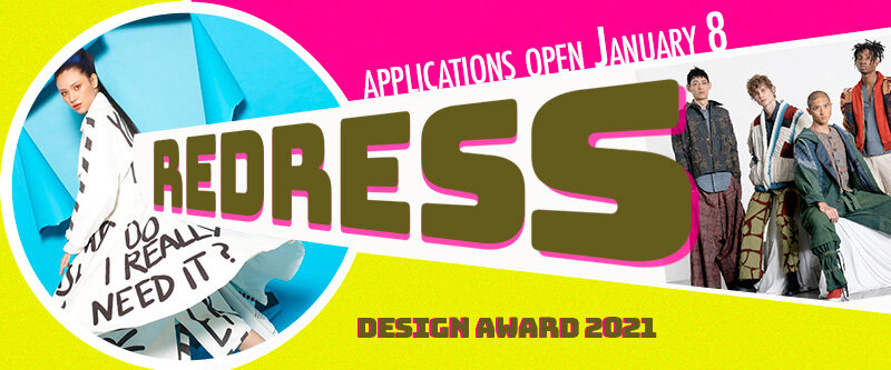 Image of past winners and text “Redress Design Award 2021. Applications Open January 8”