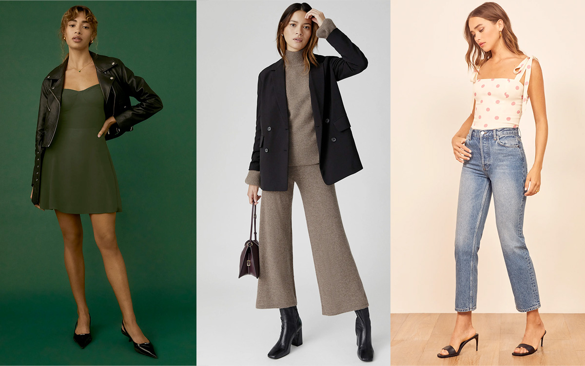 3 fashion looks from Reformation -Sustainable dress, ethically sourced cashmere pants, high rise straight jeans.