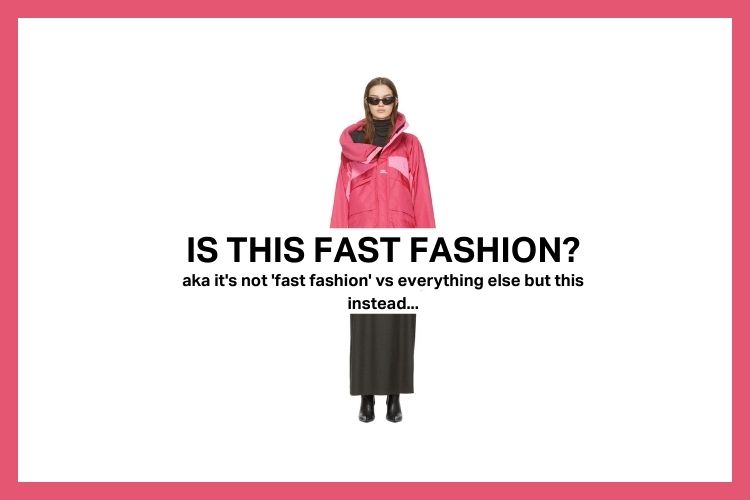 woman in pink polyester balenciaga jacket that costs 3250 with text asking if it's fast fashion