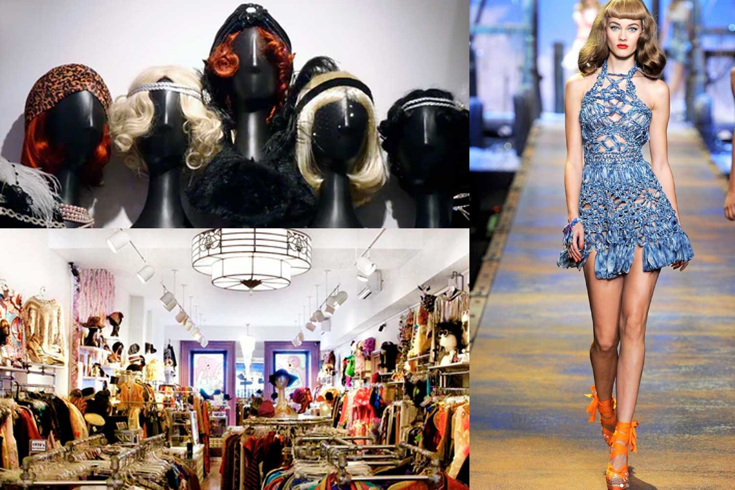 screaming mimis racks of vintage, wigs and a runway model
