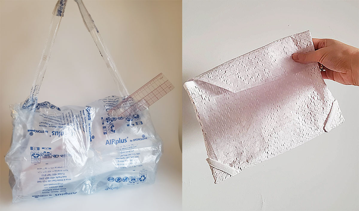 bag made from inflatable packaging, bag made from textured packaging side by side. by Sera Ghadaki