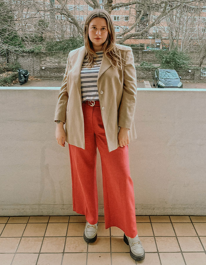 look three camel blazer with colorful  work trousers