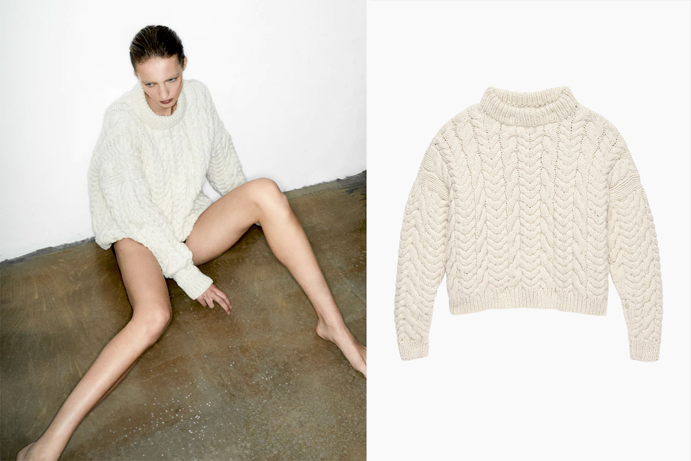 Janessa Leone Margaux Sweater. Cropped white hand knit cableknit sweater from regenerative wool. On a model and alsone