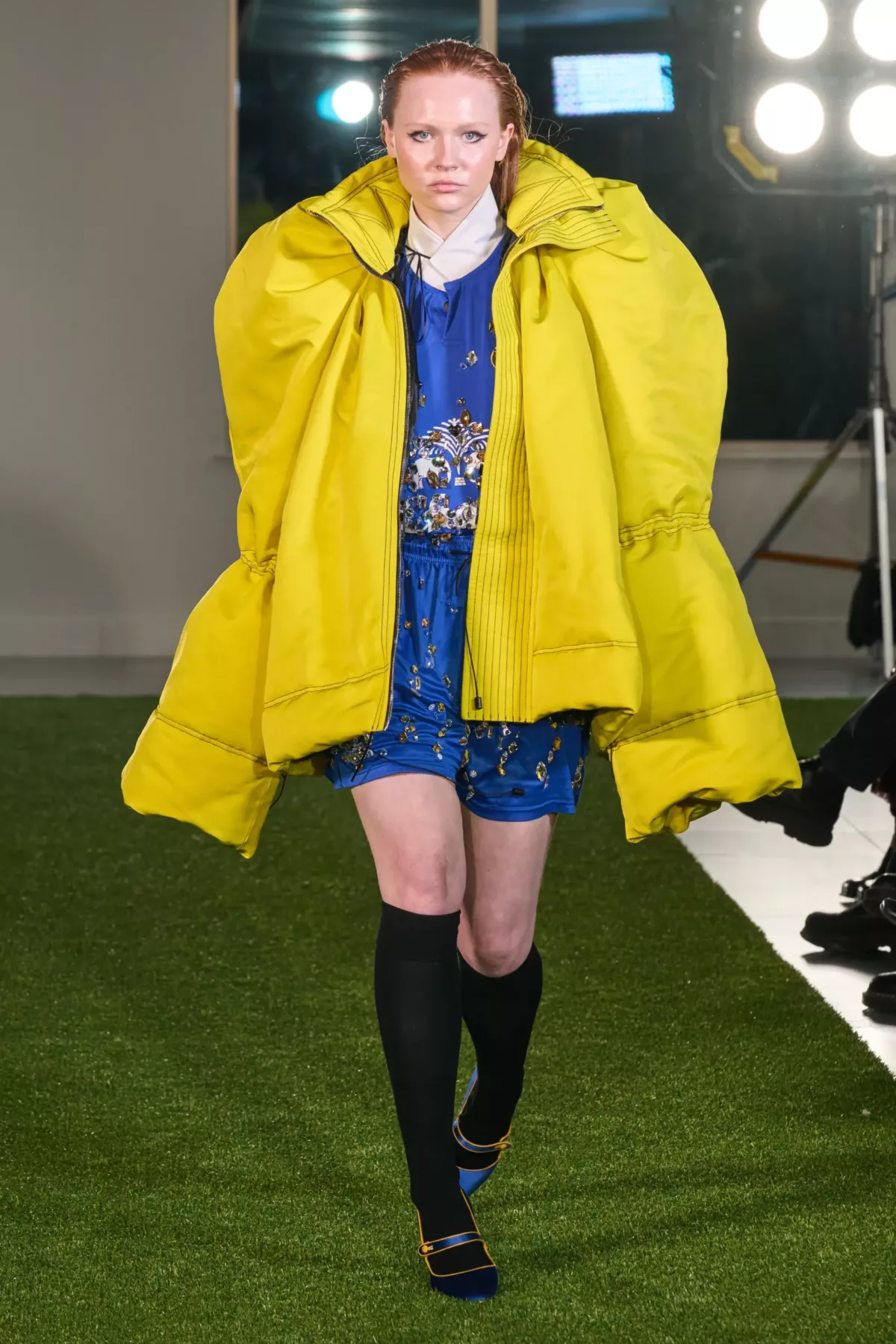 Model wearing Patrick McDowell on the runway London Fashion Week