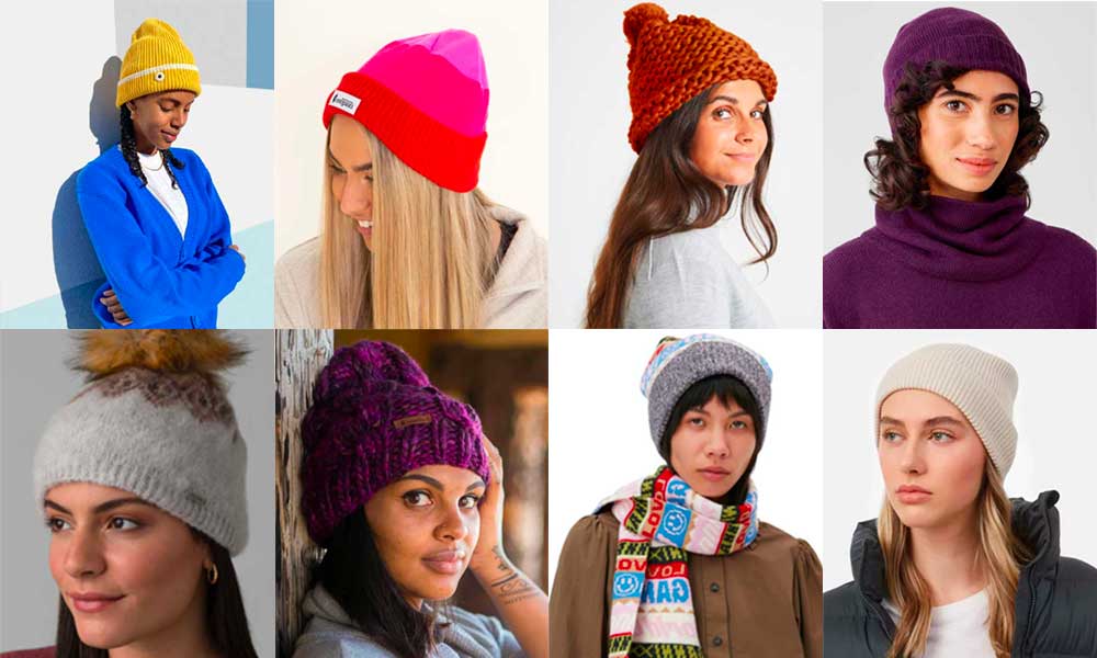Ethically knitted beanies clockwise from top Sheep Inc, Cotopaxi, Wool and the Gang, Eileen Fisher, Tentree, Ganni, Baabushka, PrAna