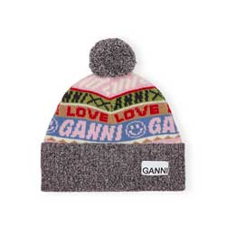 Ganni graphic wool print beanie with Ganni logo