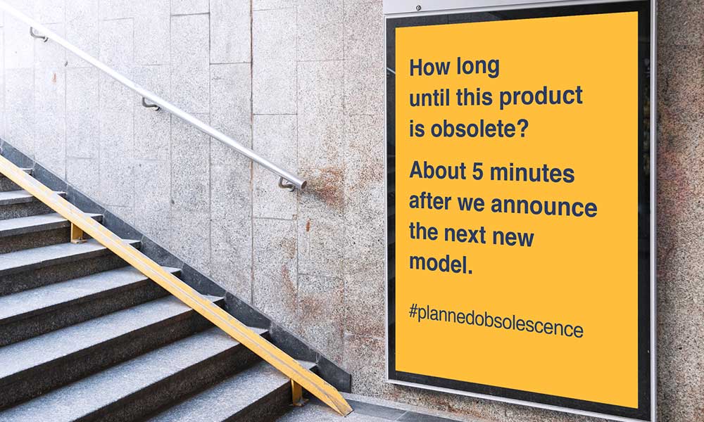 Subway sign on planned obselescence campaign by Heloise Lanoix