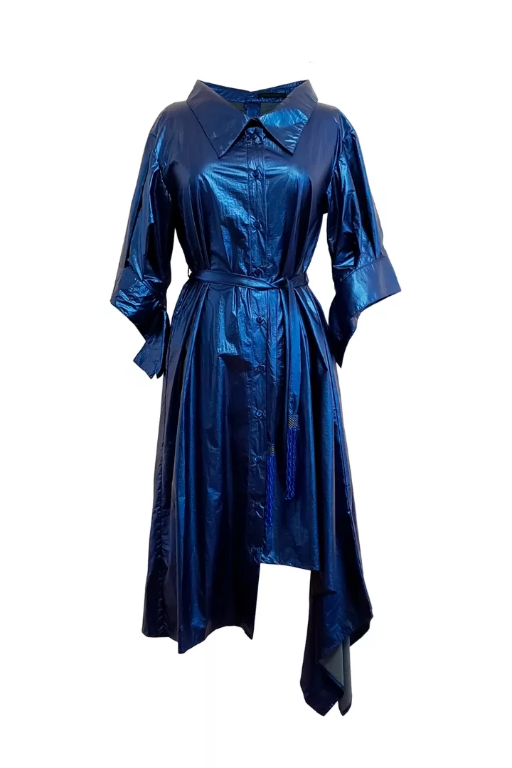 metallic blue midi dress
