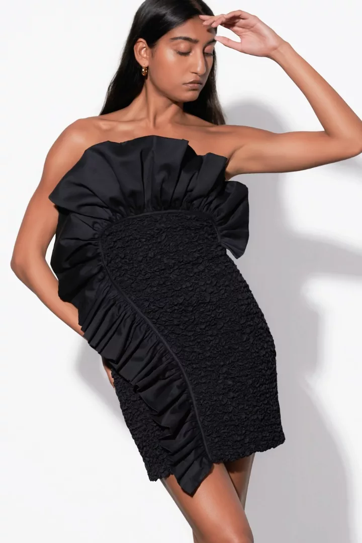 ruffle top black strapless sustainable dress