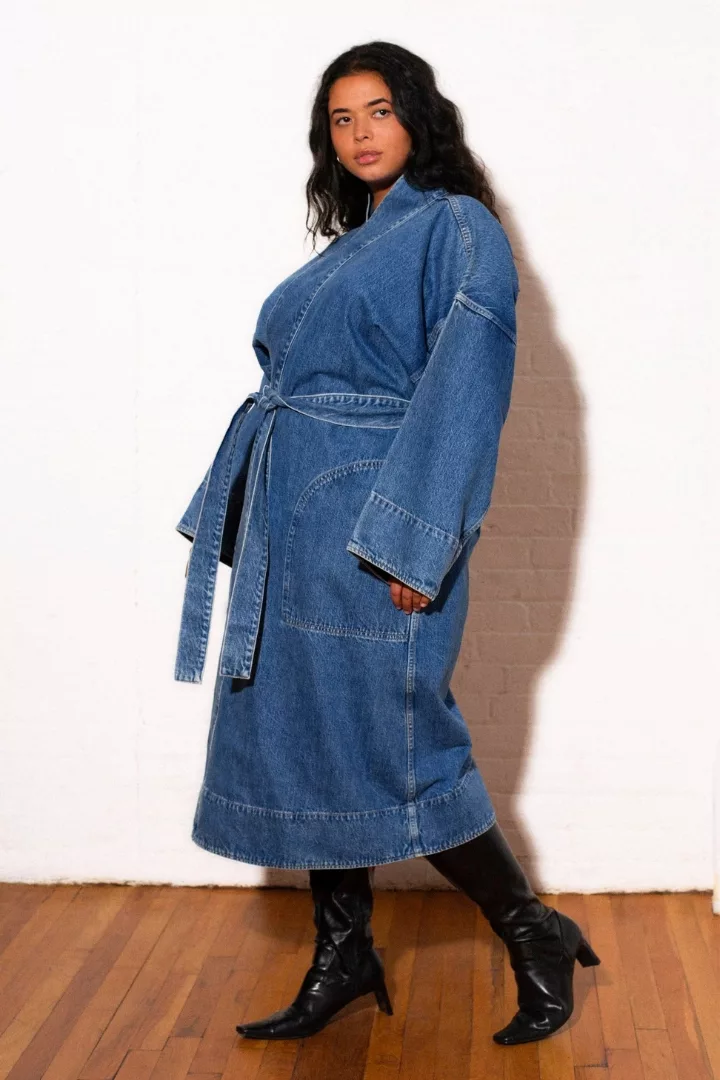 denim trench coat or denim wrap coat by Mara Hoffman all winter fashion trend, denim trend