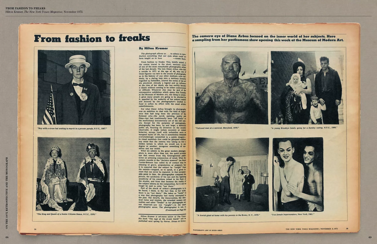 internal layout of Diane Arbus Photographs - from fashion to freaks and essays by art critics
