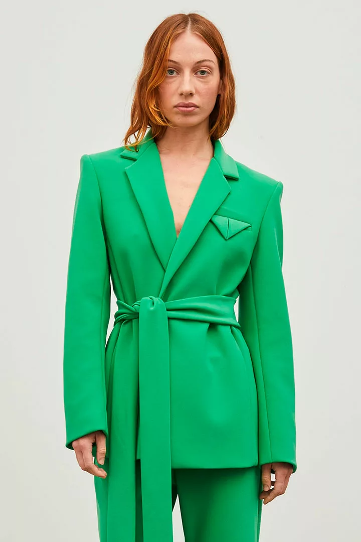maggie marilyn sustainable green blazer with sash belt
