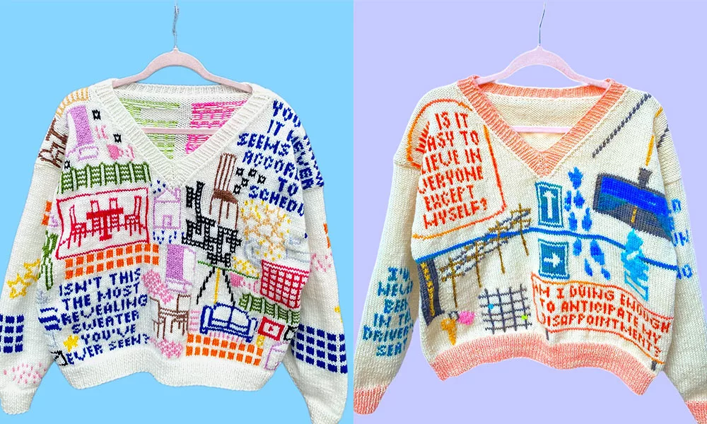 Kendall Ross hand knit sweaters with images and words
