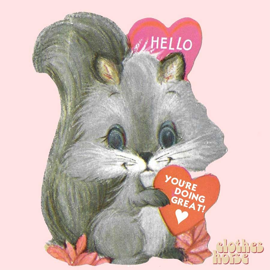 clothes horse instagram image of squirrel holding valentine that says you're doing great!