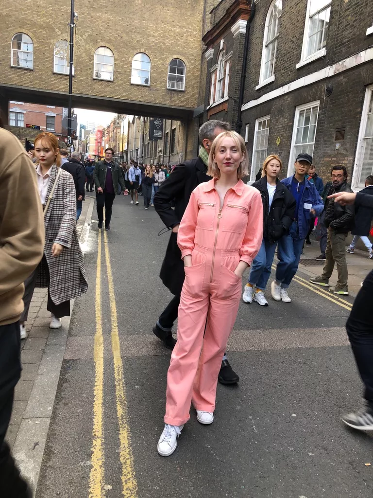 Emily McKay in her boiler suit in London