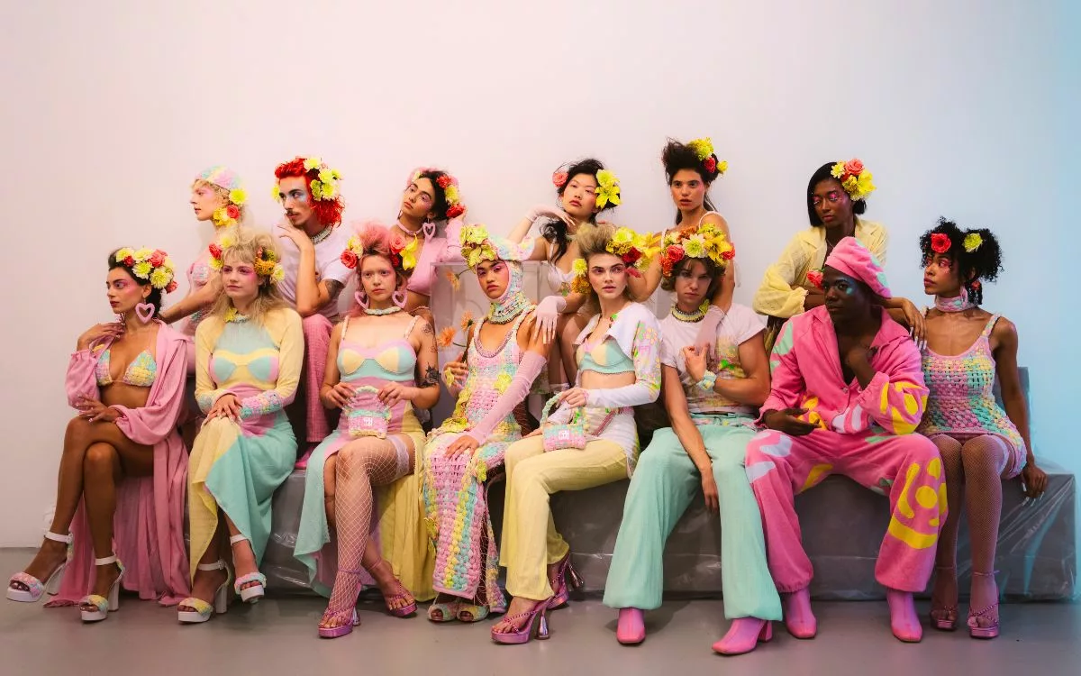 group shot of models in pastel sustainabl fashion of Tara Babylon