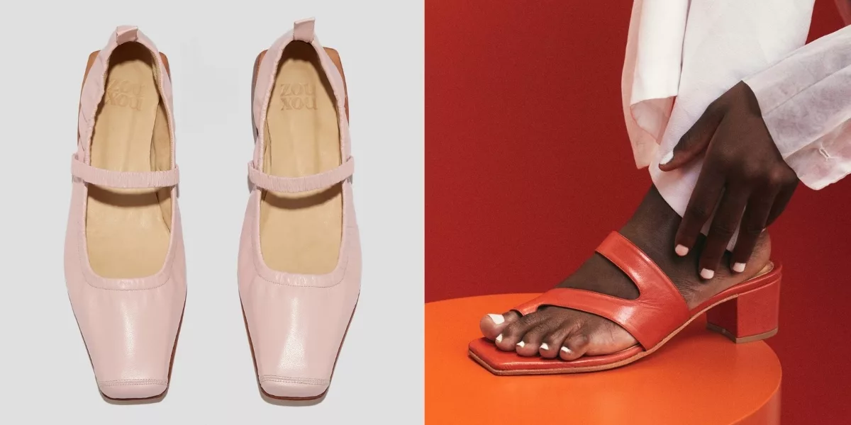 Ethical sustainable shoe brand Zou Xou - millenial pink mary janes and tomato red thong sandal
